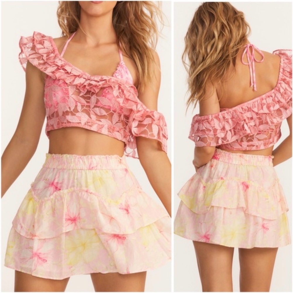 LOVESHACKFANCY Pink and Yellow Hibiscus Mini Skirt